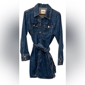 Jean Dress Denim Short Zara Blue Small Mini Tie Waist Button Down Womens